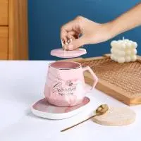 Керамическая кружка с подогревом 55 градусов,350 мл,розовый мрамор