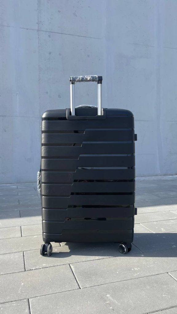 Чемодан Bizon H03 черный, вид сзади с поднятой выдвижной ручкой