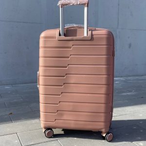 Чемодан Bizon H03 пудровый, вид сзади с поднятой выдвижной ручкой