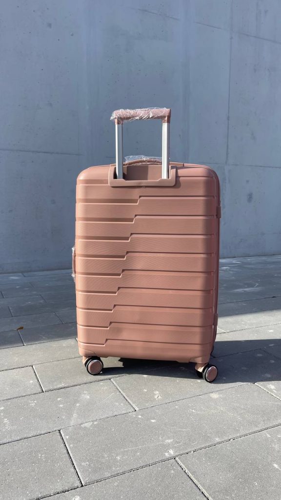 Чемодан Bizon H03 пудровый, вид сзади с поднятой выдвижной ручкой