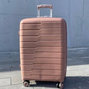 Чемодан Bizon H03 пудровый, вид спереди с поднятой выдвижной ручкой