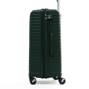 Чемодан Mybag темно-зелёный, вид справа с поднятой выдвижной ручкой, боковой ручкой и замком TSA