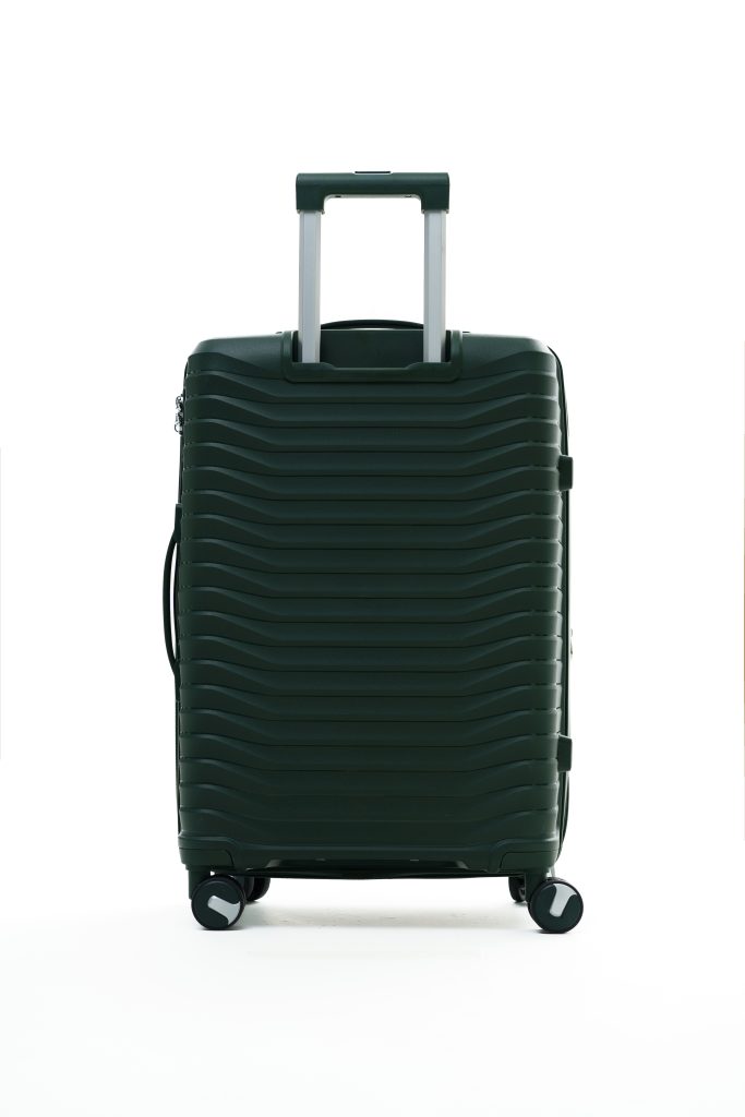 Чемодан Mybag темно-зелёный, вид сзади с поднятой выдвижной ручкой