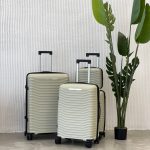 Три фисташковый чемодана с жёстким корпусом и телескопическими ручками на фоне белой стены с высоким растением