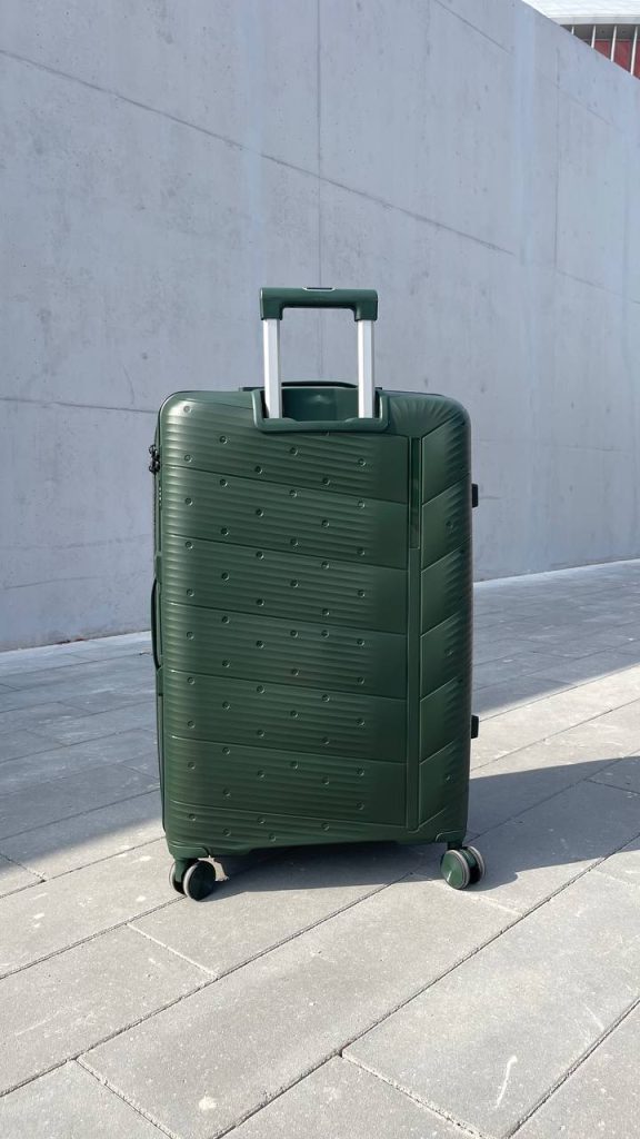 Чемодан Freedom NW зеленый, вид сзади с поднятой ручкой