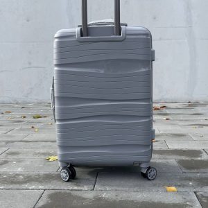 Чемодан Bizon H04 серый, вид сзади с поднятой выдвижной ручкой