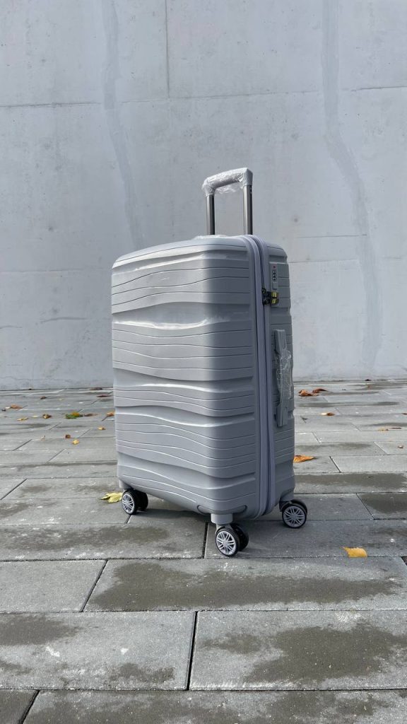 Чемодан Bizon Н04 серый, вид спереди под углом (три четверти) с поднятой выдвижной ручкой